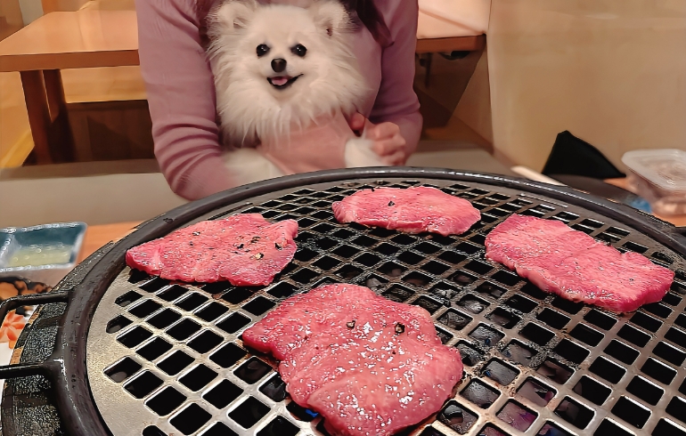 特選牛タン（焼き中）とゆめちゃん