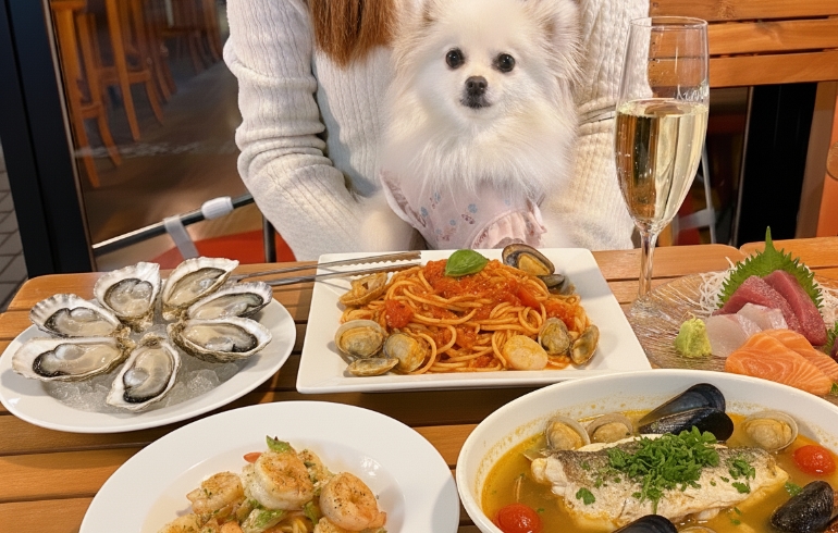 魚ダイニングJinの料理各種とゆめちゃん