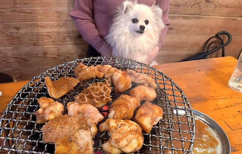 ホルモン闇盛り（焼き中）とゆめちゃん