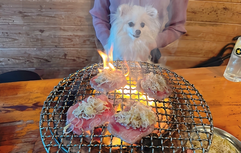ネギだく上タン塩（焼き中）とゆめちゃん