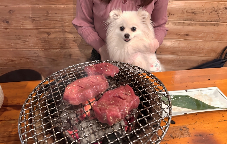 厚切りタン（焼き中）とゆめちゃん