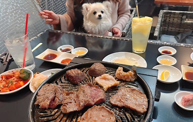特選の上タンから希少な黒毛和牛の部位各種（焼き中）とゆめちゃん