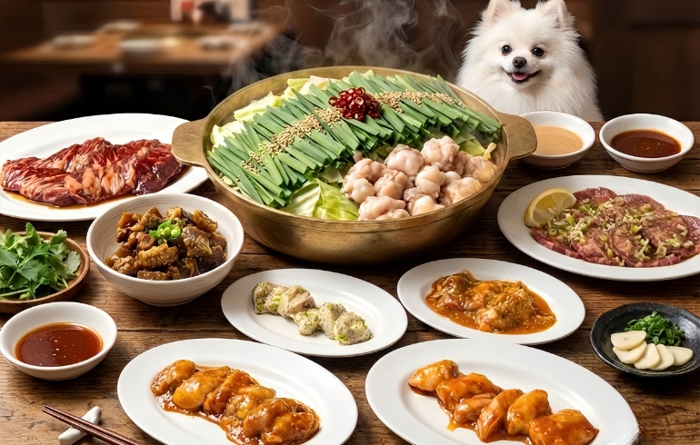 もつ鍋など料理各種とゆめちゃん