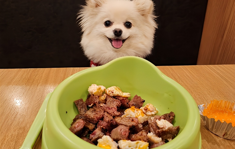 ワンちゃん用焼き肉（カット後）とゆめちゃん